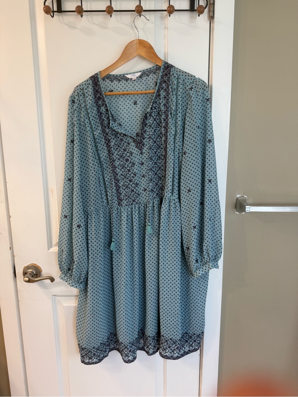 Time and Tru Light Teal Boho Printed Long Sleeve Dress